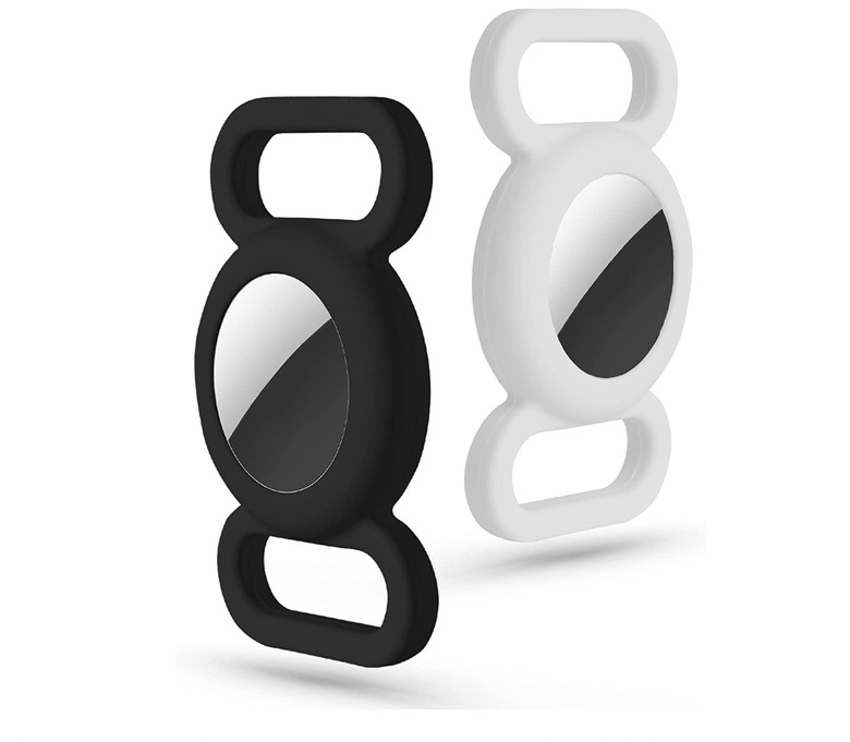 Two silicone AirTag holders that can loop onto collars. One holder is white and the other is black.