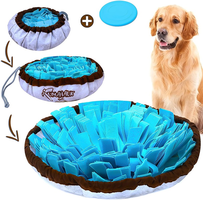 Golden retreiver posing with Tomohauk Snuffle Mat. The mat is shown in three different modes—open
