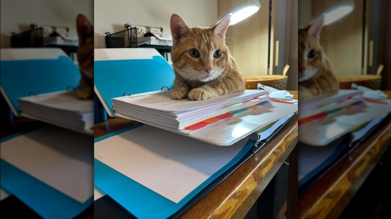 orange cat helping person with course prep.