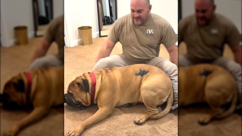 A bald man sitting on the ground with a dog between his legs.