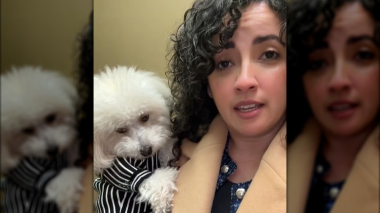 Curly-haired woman holding a small white dog named Massimo in striped clothing