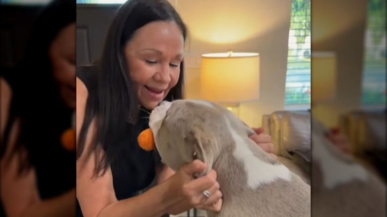 A woman squeezing a pit bull's ears.