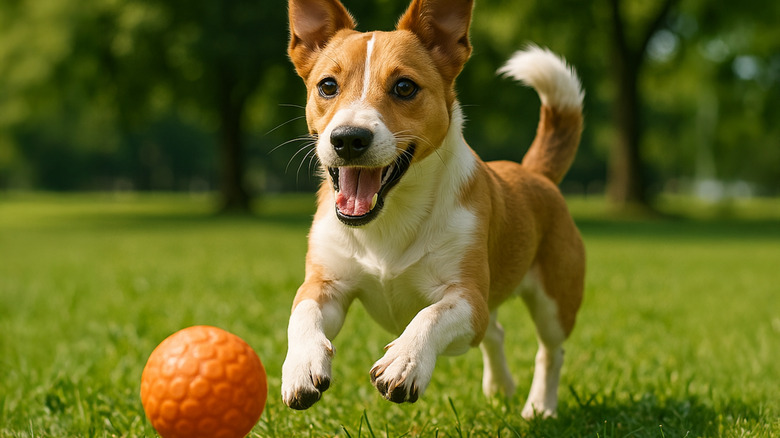 A dog running after a ball in a a park.