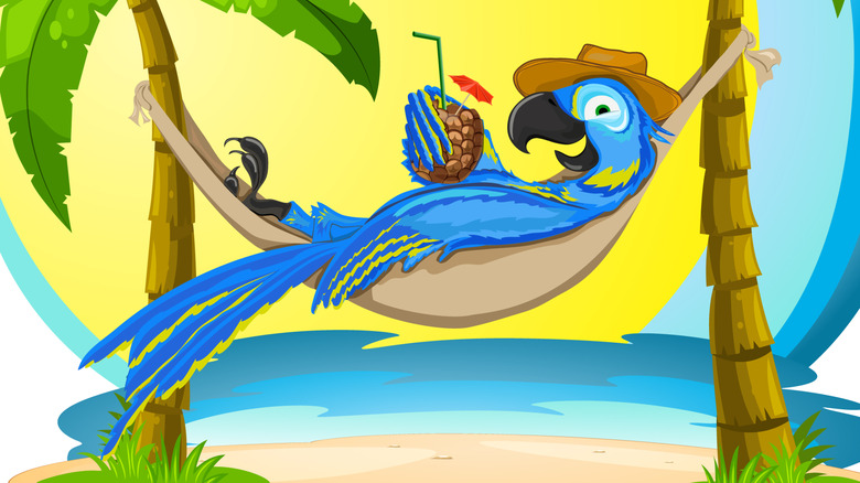 Illustration of a blue parrot enjoying a pineapple cocktail, laying in a hammock, wearing a fedora