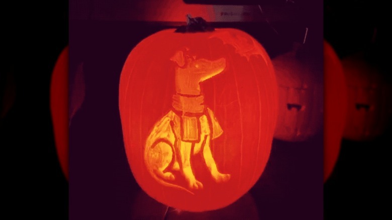 glowing pumpkin with dog carved into it