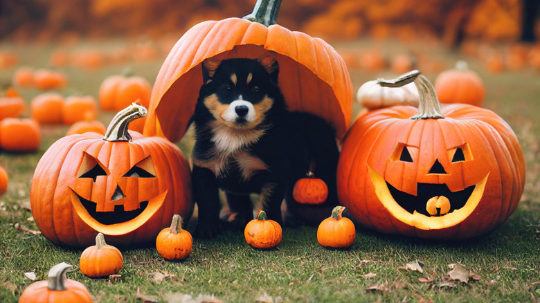 small dog under a carved half pumpkin and in between two jack-o-lanterns