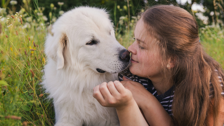 A woman snuggling a Great Pyrenees.