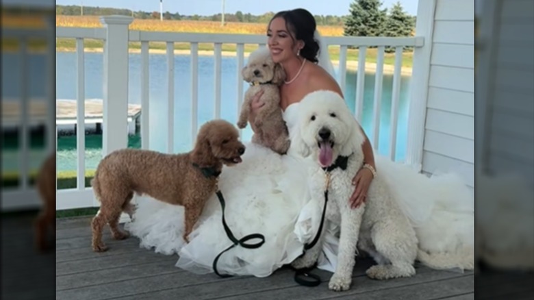 Bride posing with her three dogs