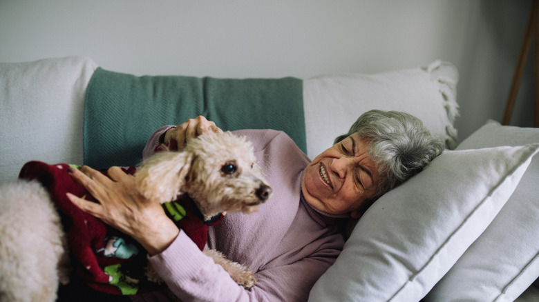 A gray-haired woman lying on a coach with small blonde dog.