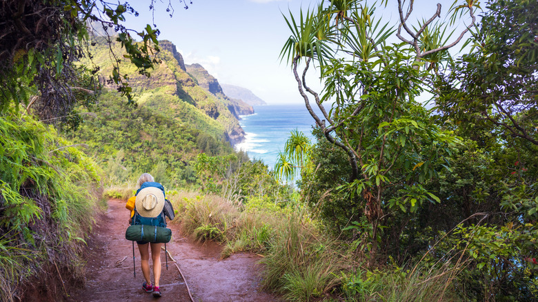 A woman backpacking in Hawaii