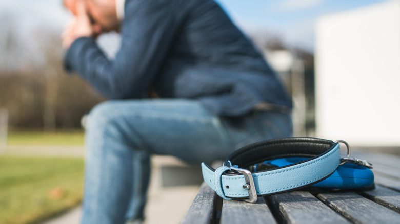 A sad person sitting on a bench with an empty dog collar and leash beside them