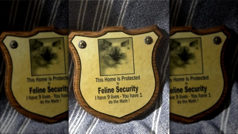 Sign with cat's face says: "this home is protected by feline security I have 9 lives - you have 1 do the math."
