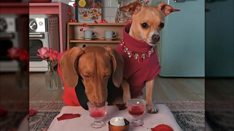 Cedric and Edith wearing fancy clothing at small table with glasses