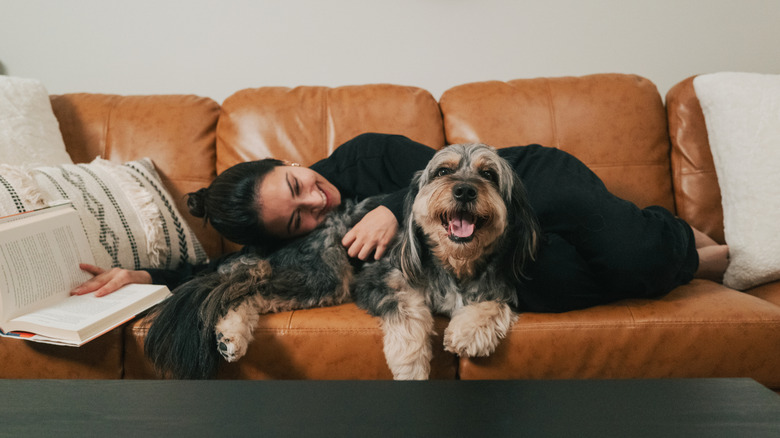 Dog and person cuddling on the couch.