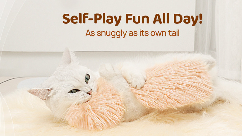 A white cat hugging a fluffy pink pillow