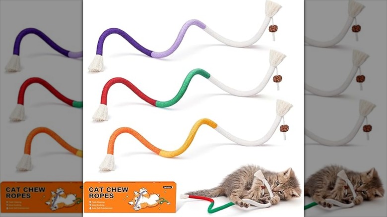 A cat playing with a rope toy next to an orange box of additional toys
