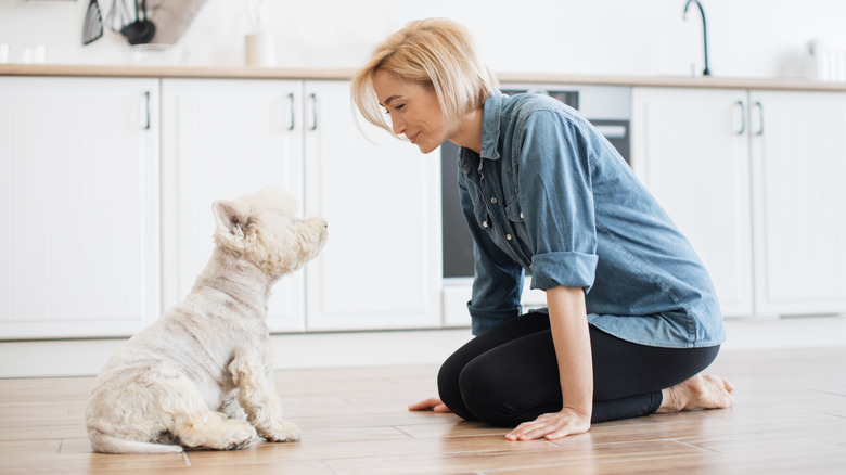 A woman sits on the floor smiling, looking at her dog