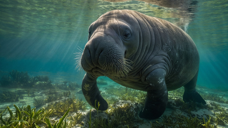 A Manatee glides along the bottom of the water looking for food