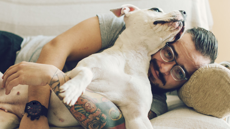 Tattooed man cuddling with dog on sofa