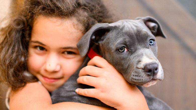 Girl hugging serious-looking puppy