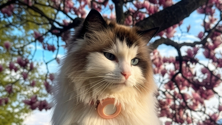Close-up of a ragdoll cat outside with blossoms in the background