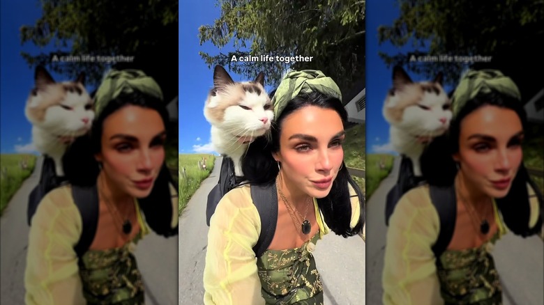 Ragdoll cat riding on the shoulders of a woman on a bicycle